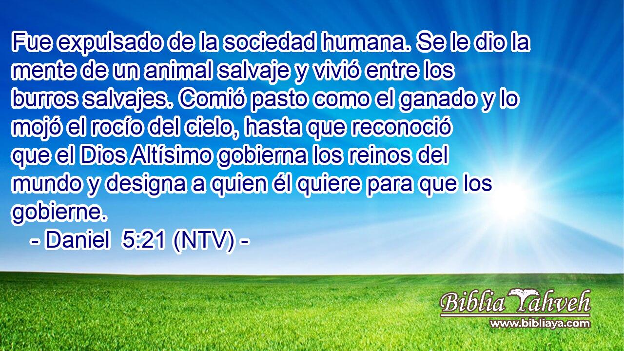 Fue expulsado de la sociedad humana. Se le dio la mente de un animal salvaje y vivió entre los burros salvajes. Comió pasto como el ganado y lo mojó el rocío del cielo, hasta que reconoció que el Dios Altísimo gobierna los reinos del mundo y designa a quien él quiere para que los gobierne.