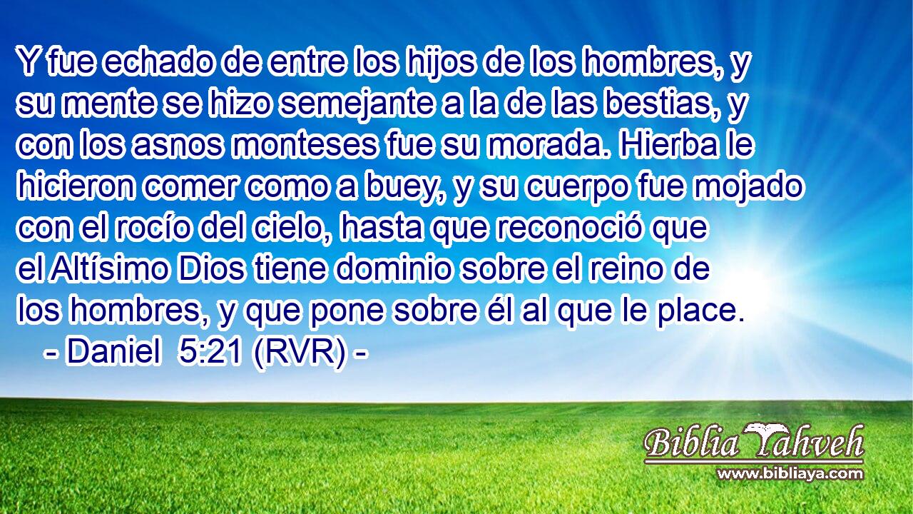Y fue echado de entre los hijos de los hombres, y su mente se hizo semejante a la de las bestias, y con los asnos monteses fue su morada. Hierba le hicieron comer como a buey, y su cuerpo fue mojado con el rocío del cielo, hasta que reconoció que el Altísimo Dios tiene dominio sobre el reino de los hombres, y que pone sobre él al que le place.