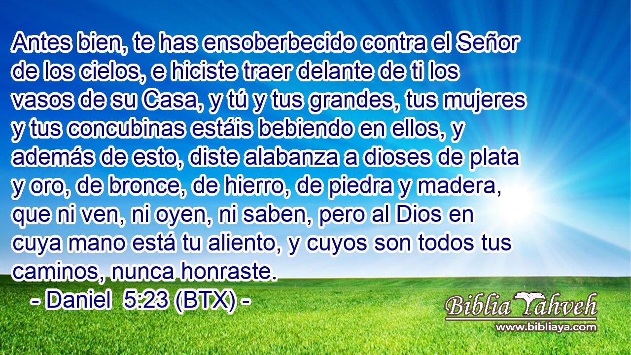 Antes bien, te has ensoberbecido contra el Señor de los cielos, e hiciste traer delante de ti los vasos de su Casa, y tú y tus grandes, tus mujeres y tus concubinas estáis bebiendo en ellos, y además de esto, diste alabanza a dioses de plata y oro, de bronce, de hierro, de piedra y madera, que ni ven, ni oyen, ni saben, pero al Dios en cuya mano está tu aliento, y cuyos son todos tus caminos, nunca honraste.