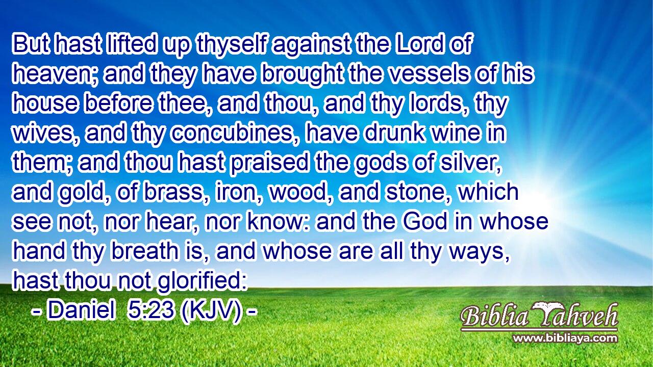 But hast lifted up thyself against the Lord of heaven; and they have brought the vessels of his house before thee, and thou, and thy lords, thy wives, and thy concubines, have drunk wine in them; and thou hast praised the gods of silver, and gold, of brass, iron, wood, and stone, which see not, nor hear, nor know: and the God in whose hand thy breath is, and whose are all thy ways, hast thou not glorified: