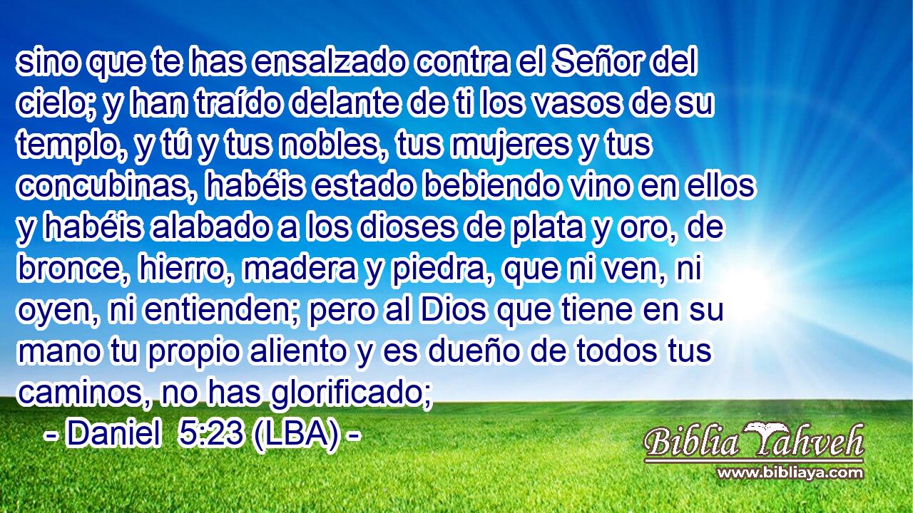 sino que te has ensalzado contra el Señor del cielo; y han traído delante de ti los vasos de su templo, y tú y tus nobles, tus mujeres y tus concubinas, habéis estado bebiendo vino en ellos y habéis alabado a los dioses de plata y oro, de bronce, hierro, madera y piedra, que ni ven, ni oyen, ni entienden; pero al Dios que tiene en su mano tu propio aliento y es dueño de todos tus caminos, no has glorificado;