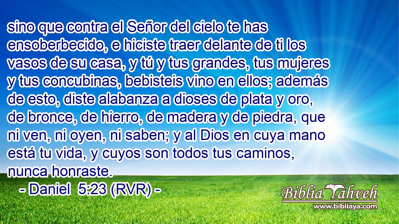 sino que contra el Señor del cielo te has ensoberbecido, e hiciste traer delante de ti los vasos de su casa, y tú y tus grandes, tus mujeres y tus concubinas, bebisteis vino en ellos; además de esto, diste alabanza a dioses de plata y oro, de bronce, de hierro, de madera y de piedra, que ni ven, ni oyen, ni saben; y al Dios en cuya mano está tu vida, y cuyos son todos tus caminos, nunca honraste.
