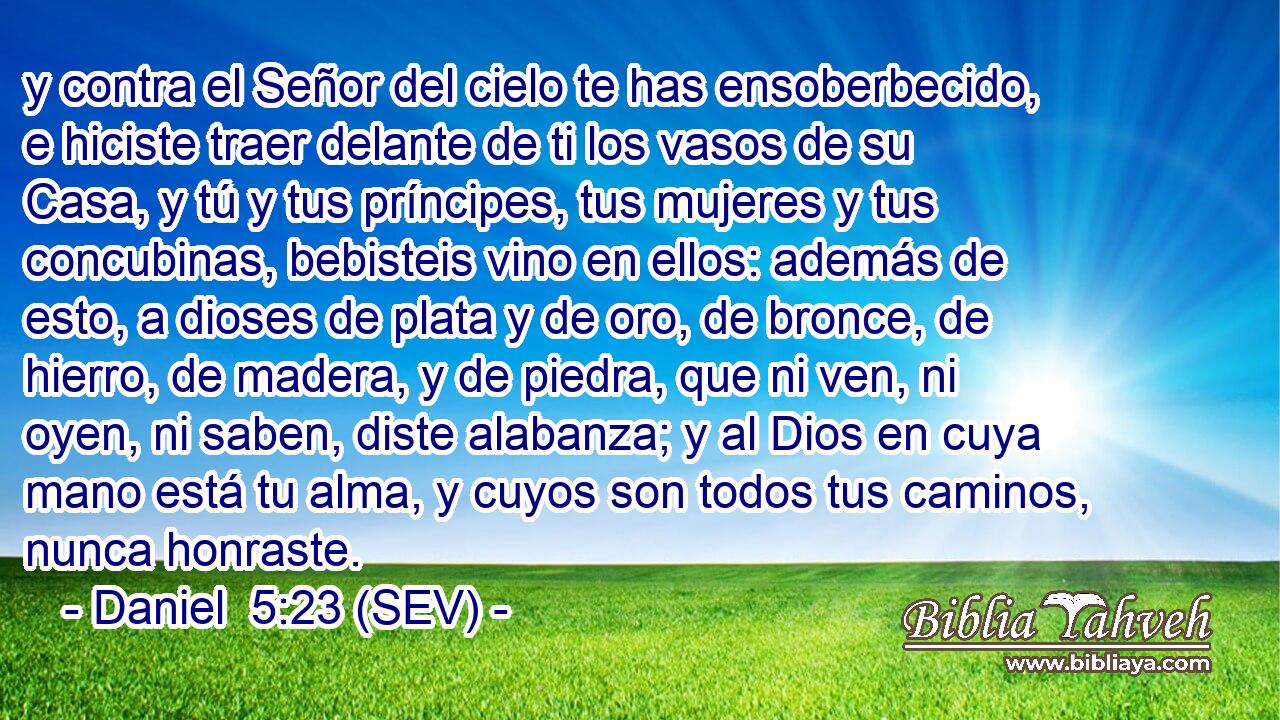y contra el Señor del cielo te has ensoberbecido, e hiciste traer delante de ti los vasos de su Casa, y tú y tus príncipes, tus mujeres y tus concubinas, bebisteis vino en ellos: además de esto, a dioses de plata y de oro, de bronce, de hierro, de madera, y de piedra, que ni ven, ni oyen, ni saben, diste alabanza; y al Dios en cuya mano está tu alma, y cuyos son todos tus caminos, nunca honraste.