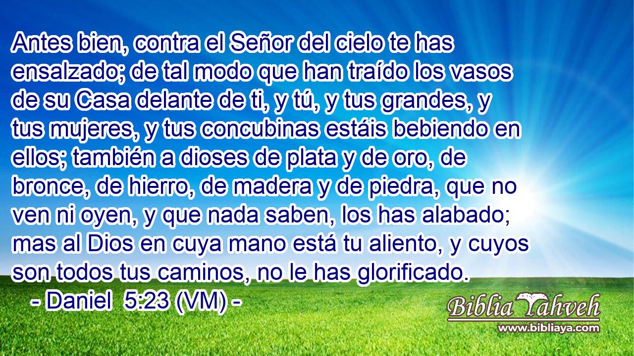  Antes bien, contra el Señor del cielo te has ensalzado; de tal modo que han traído los vasos de su Casa delante de ti, y tú, y tus grandes, y tus mujeres, y tus concubinas estáis bebiendo en ellos; también a dioses de plata y de oro, de bronce, de hierro, de madera y de piedra, que no ven ni oyen, y que nada saben, los has alabado; mas al Dios en cuya mano está tu aliento, y cuyos son todos tus caminos, no le has glorificado. 