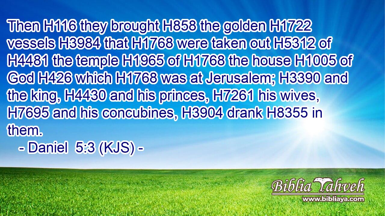 Then H116 they brought H858 the golden H1722 vessels H3984 that H1768 were taken out H5312 of H4481 the temple H1965 of H1768 the house H1005 of God H426 which H1768 was at Jerusalem; H3390 and the king, H4430 and his princes, H7261 his wives, H7695 and his concubines, H3904 drank H8355 in them.