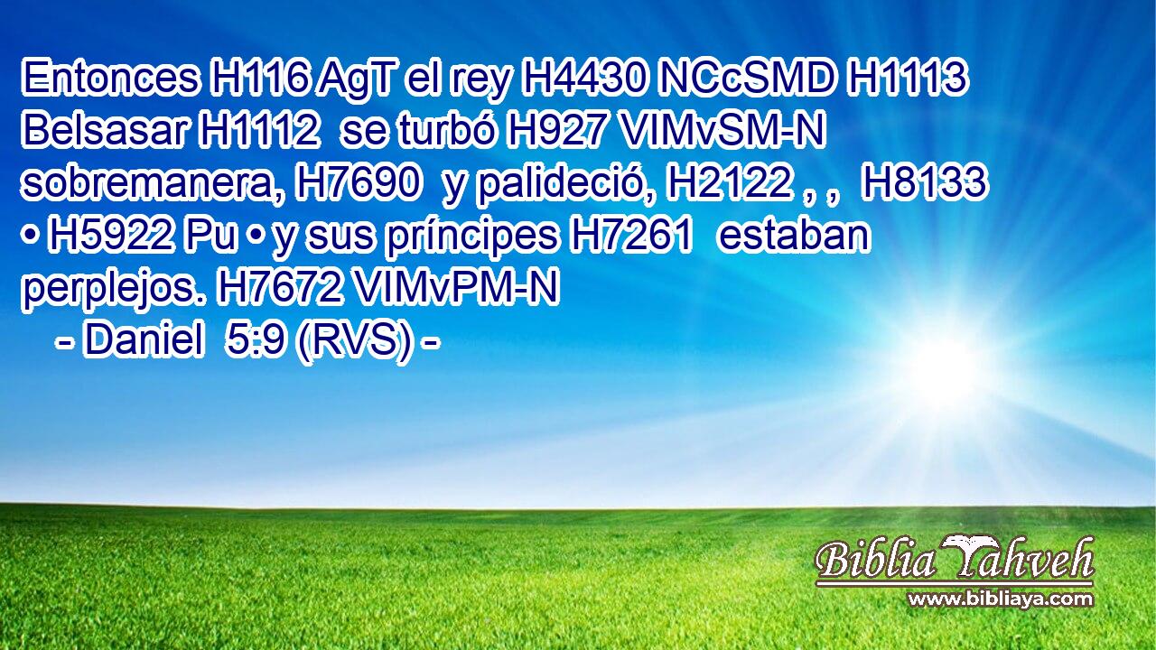 Entonces H116 AgT el rey H4430 NCcSMD H1113 Belsasar H1112  se turbó H927 VIMvSM-N sobremanera, H7690  y palideció, H2122 , ,  H8133 • H5922 Pu • y sus príncipes H7261  estaban perplejos. H7672 VIMvPM-N 