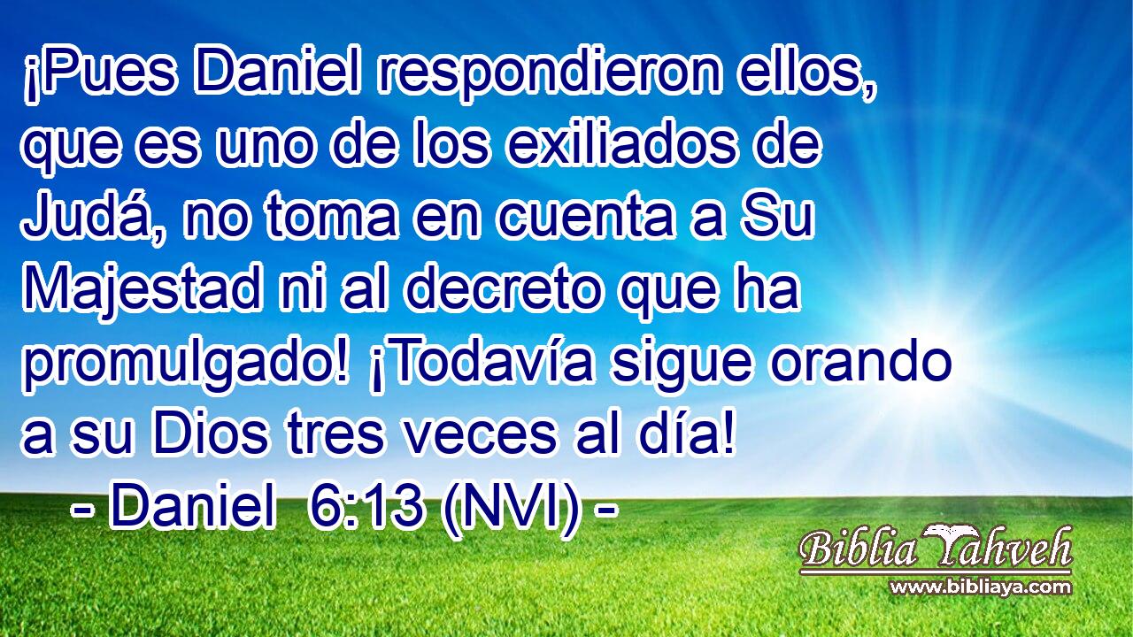  ¡Pues Daniel respondieron ellos, que es uno de los exiliados de Judá, no toma en cuenta a Su Majestad ni al decreto que ha promulgado! ¡Todavía sigue orando a su Dios tres veces al día! 