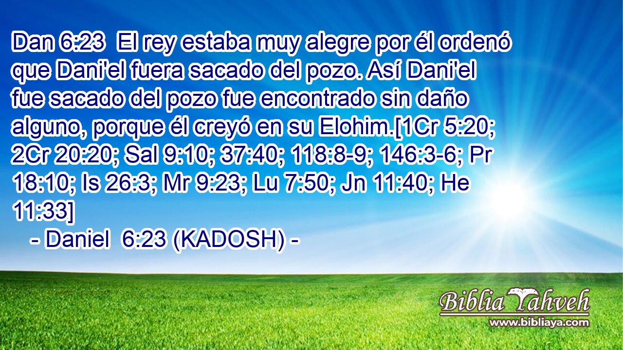  El rey estaba muy alegre por él ordenó que Dani'el fuera sacado del pozo. Así Dani'el fue sacado del pozo fue encontrado sin daño alguno, porque él creyó en su Elohim.[1Cr 5:20; 2Cr 20:20; Sal 9:10; 37:40; 118:8-9; 146:3-6; Pr 18:10; Is 26:3; Mr 9:23; Lu 7:50; Jn 11:40; He 11:33] 