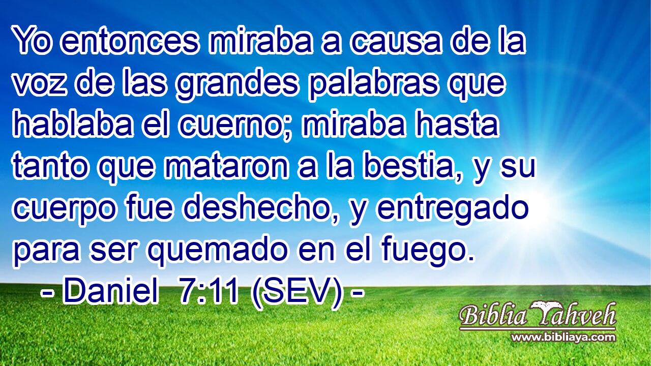 Yo entonces miraba a causa de la voz de las grandes palabras que hablaba el cuerno; miraba hasta tanto que mataron a la bestia, y su cuerpo fue deshecho, y entregado para ser quemado en el fuego.
