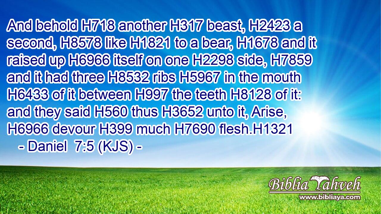 And behold H718 another H317 beast, H2423 a second, H8578 like H1821 to a bear, H1678 and it raised up H6966 itself on one H2298 side, H7859 and it had three H8532 ribs H5967 in the mouth H6433 of it between H997 the teeth H8128 of it: and they said H560 thus H3652 unto it, Arise, H6966 devour H399 much H7690 flesh.H1321