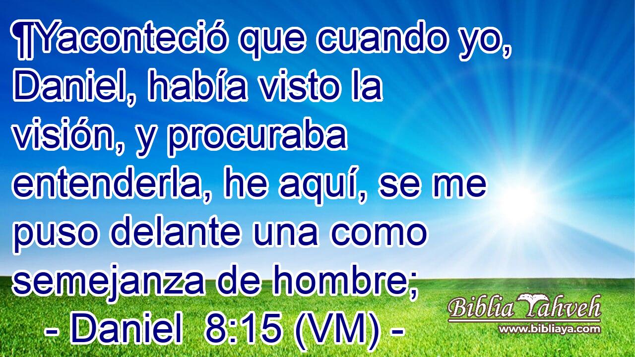  ¶Yaconteció que cuando yo, Daniel, había visto la visión, y procuraba entenderla, he aquí, se me puso delante una como semejanza de hombre; 