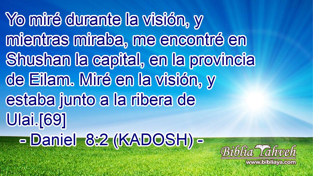  Yo miré durante la visión, y mientras miraba, me encontré en Shushan la capital, en la provincia de Eilam. Miré en la visión, y estaba junto a la ribera de Ulai.[69] 