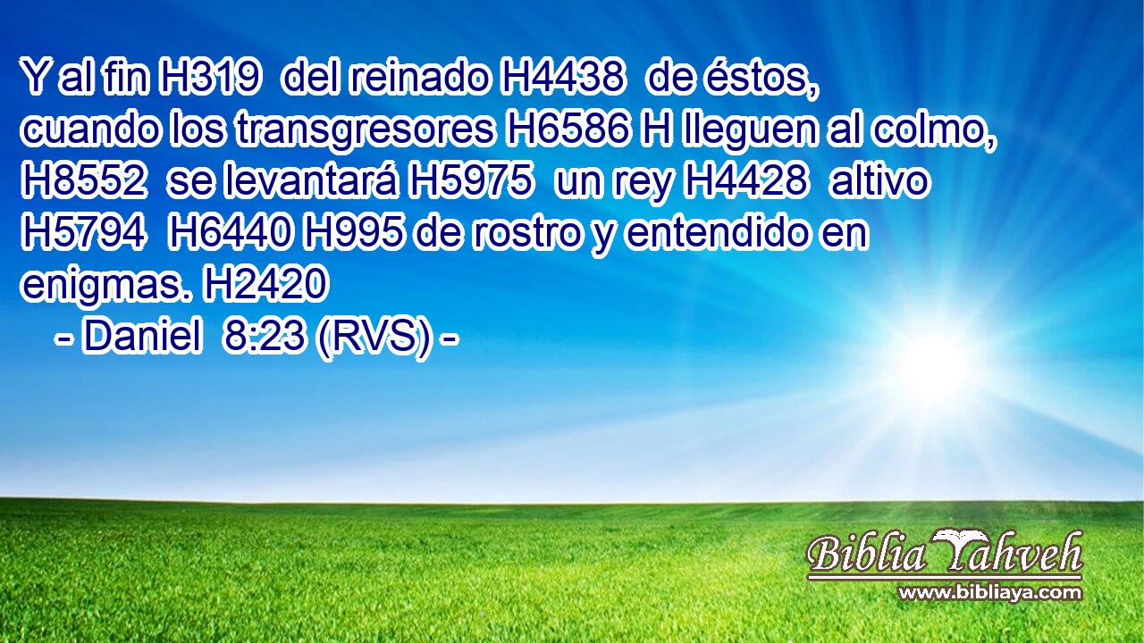 Y al fin H319  del reinado H4438  de éstos, cuando los transgresores H6586 H lleguen al colmo, H8552  se levantará H5975  un rey H4428  altivo H5794  H6440 H995 de rostro y entendido en enigmas. H2420  
