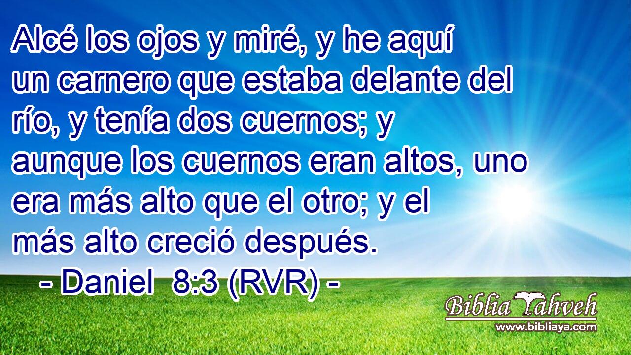 Alcé los ojos y miré, y he aquí un carnero que estaba delante del río, y tenía dos cuernos; y aunque los cuernos eran altos, uno era más alto que el otro; y el más alto creció después.