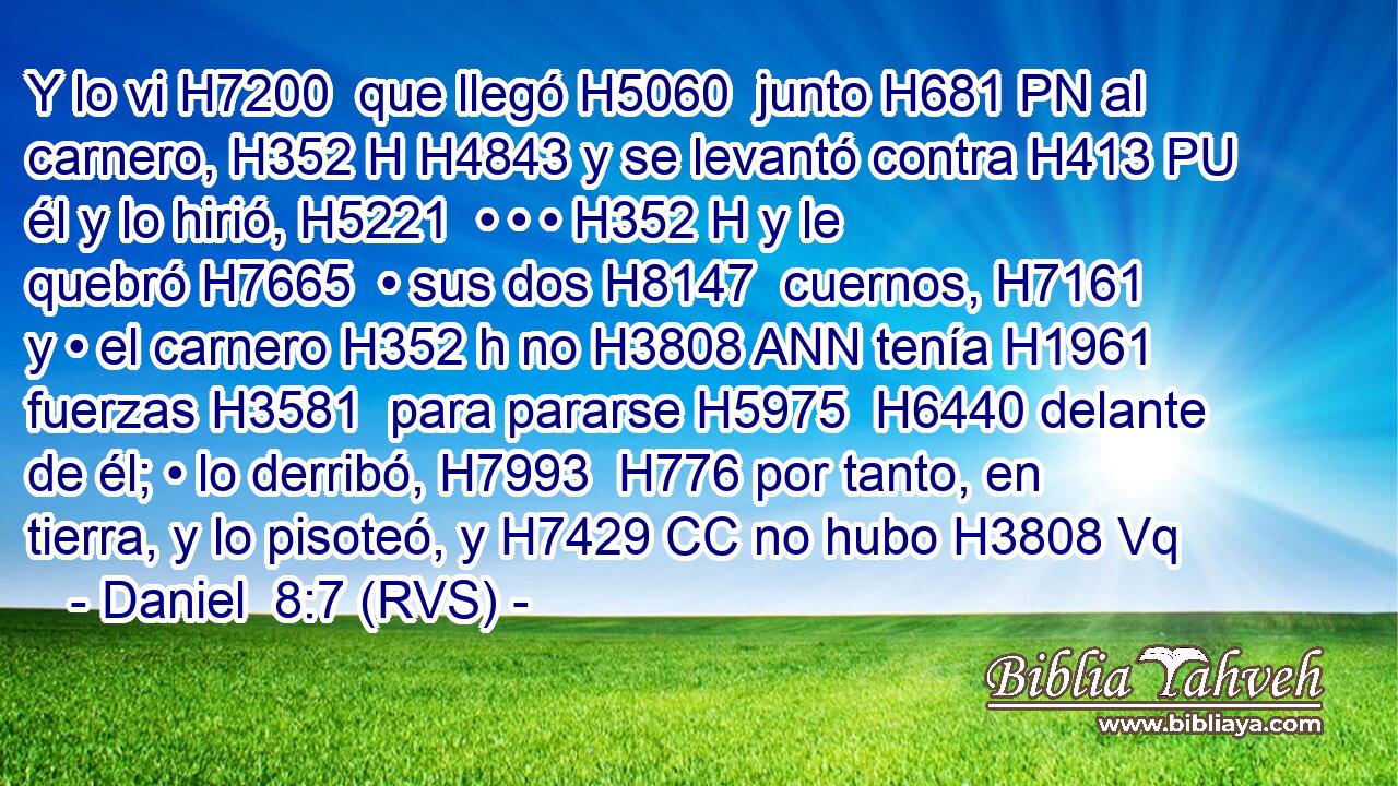 Y lo vi H7200  que llegó H5060  junto H681 PN al carnero, H352 H H4843 y se levantó contra H413 PU él y lo hirió, H5221  • • • H352 H y le quebró H7665  • sus dos H8147  cuernos, H7161  y • el carnero H352 h no H3808 ANN tenía H1961  fuerzas H3581  para pararse H5975  H6440 delante de él; • lo derribó, H7993  H776 por tanto, en tierra, y lo pisoteó, y H7429 CC no hubo H3808 Vq