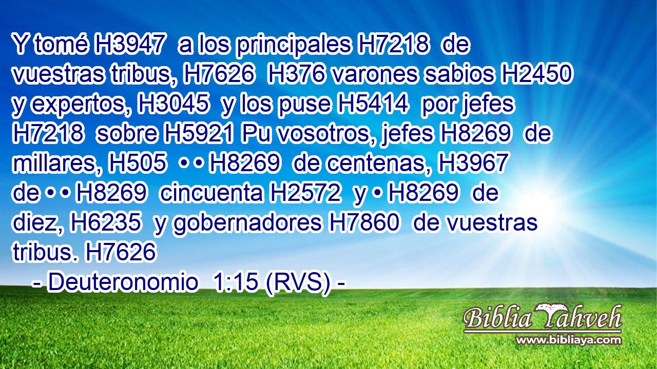 Y tomé H3947  a los principales H7218  de vuestras tribus, H7626  H376 varones sabios H2450  y expertos, H3045  y los puse H5414  por jefes H7218  sobre H5921 Pu vosotros, jefes H8269  de millares, H505  • • H8269  de centenas, H3967  de • • H8269  cincuenta H2572  y • H8269  de diez, H6235  y gobernadores H7860  de vuestras tribus. H7626  