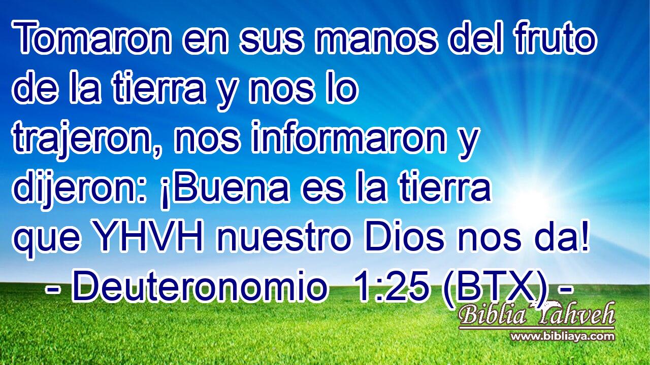 Tomaron en sus manos del fruto de la tierra y nos lo trajeron, nos informaron y dijeron: ¡Buena es la tierra que YHVH nuestro Dios nos da!