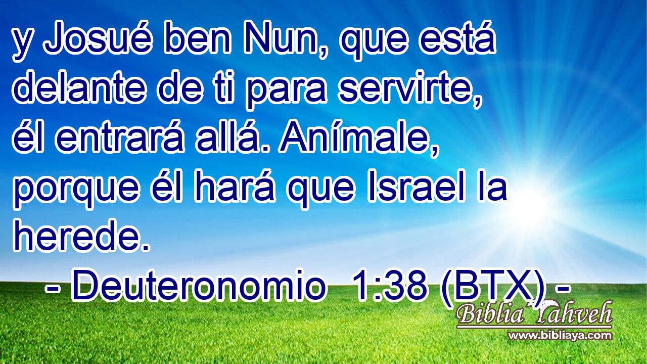 y Josué ben Nun, que está delante de ti para servirte, él entrará allá. Anímale, porque él hará que Israel la herede.