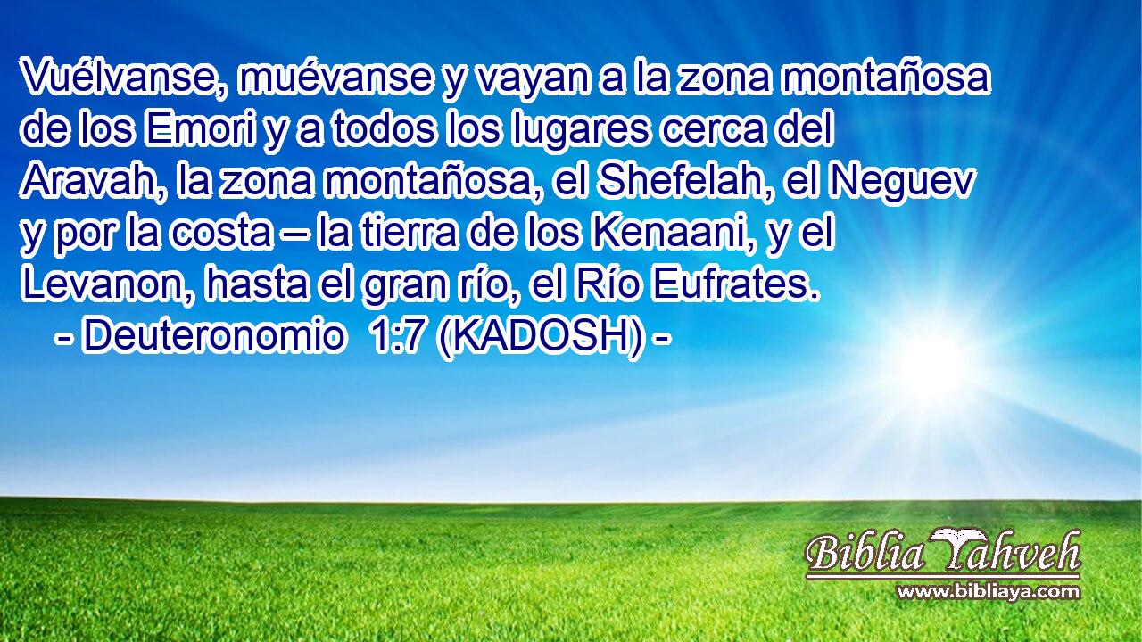  Vuélvanse, muévanse y vayan a la zona montañosa de los Emori y a todos los lugares cerca del Aravah, la zona montañosa, el Shefelah, el Neguev y por la costa – la tierra de los Kenaani, y el Levanon, hasta el gran río, el Río Eufrates. 