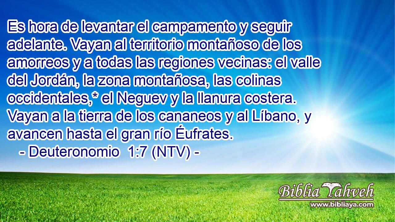 Es hora de levantar el campamento y seguir adelante. Vayan al territorio montañoso de los amorreos y a todas las regiones vecinas: el valle del Jordán, la zona montañosa, las colinas occidentales,* el Neguev y la llanura costera. Vayan a la tierra de los cananeos y al Líbano, y avancen hasta el gran río Éufrates.