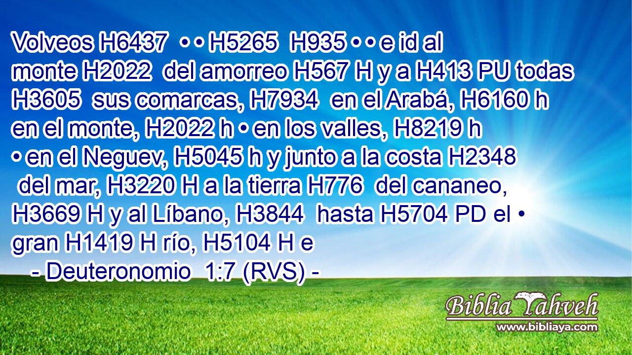 Volveos H6437  • • H5265  H935 • • e id al monte H2022  del amorreo H567 H y a H413 PU todas H3605  sus comarcas, H7934  en el Arabá, H6160 h en el monte, H2022 h • en los valles, H8219 h • en el Neguev, H5045 h y junto a la costa H2348  del mar, H3220 H a la tierra H776  del cananeo, H3669 H y al Líbano, H3844  hasta H5704 PD el • gran H1419 H río, H5104 H e