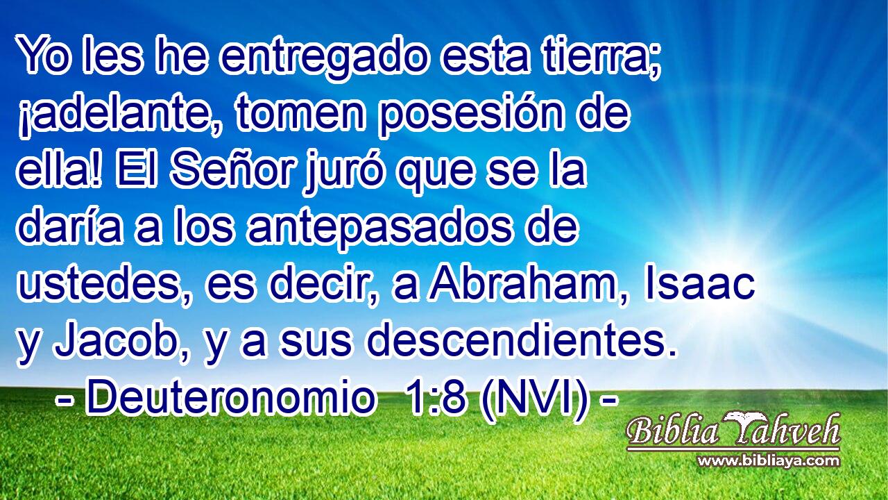  Yo les he entregado esta tierra; ¡adelante, tomen posesión de ella! El Señor juró que se la daría a los antepasados de ustedes, es decir, a Abraham, Isaac y Jacob, y a sus descendientes. 