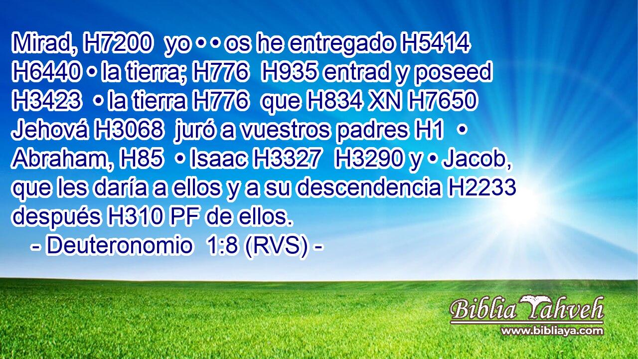 Mirad, H7200  yo • • os he entregado H5414  H6440 • la tierra; H776  H935 entrad y poseed H3423  • la tierra H776  que H834 XN H7650 Jehová H3068  juró a vuestros padres H1  • Abraham, H85  • Isaac H3327  H3290 y • Jacob, que les daría a ellos y a su descendencia H2233  después H310 PF de ellos. 