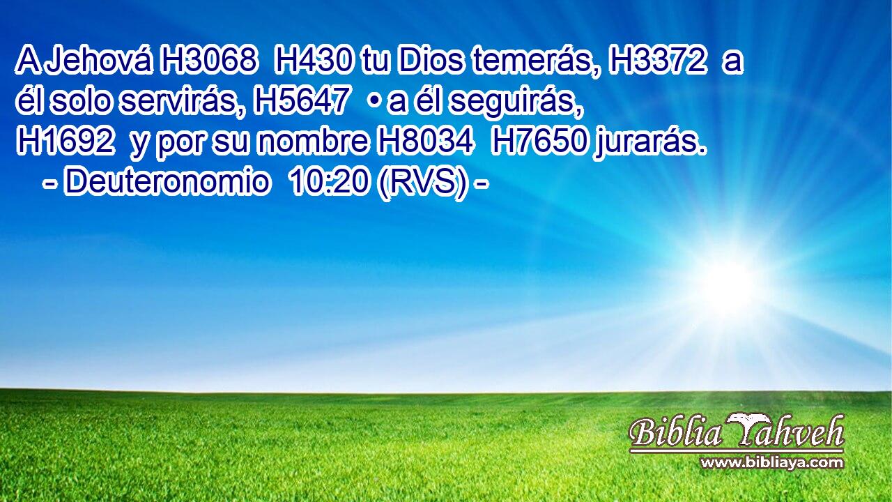 A Jehová H3068  H430 tu Dios temerás, H3372  a él solo servirás, H5647  • a él seguirás, H1692  y por su nombre H8034  H7650 jurarás. 