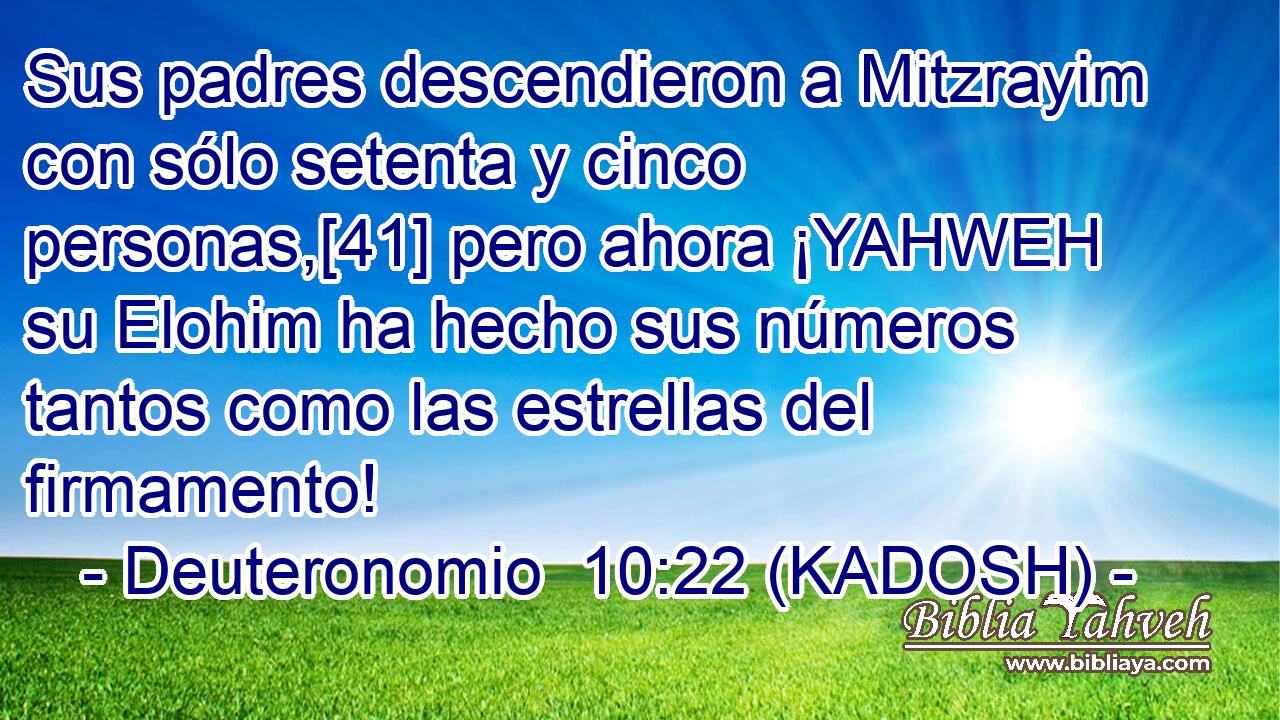  Sus padres descendieron a Mitzrayim con sólo setenta y cinco personas,[41] pero ahora ¡YAHWEH su Elohim ha hecho sus números tantos como las estrellas del firmamento! 