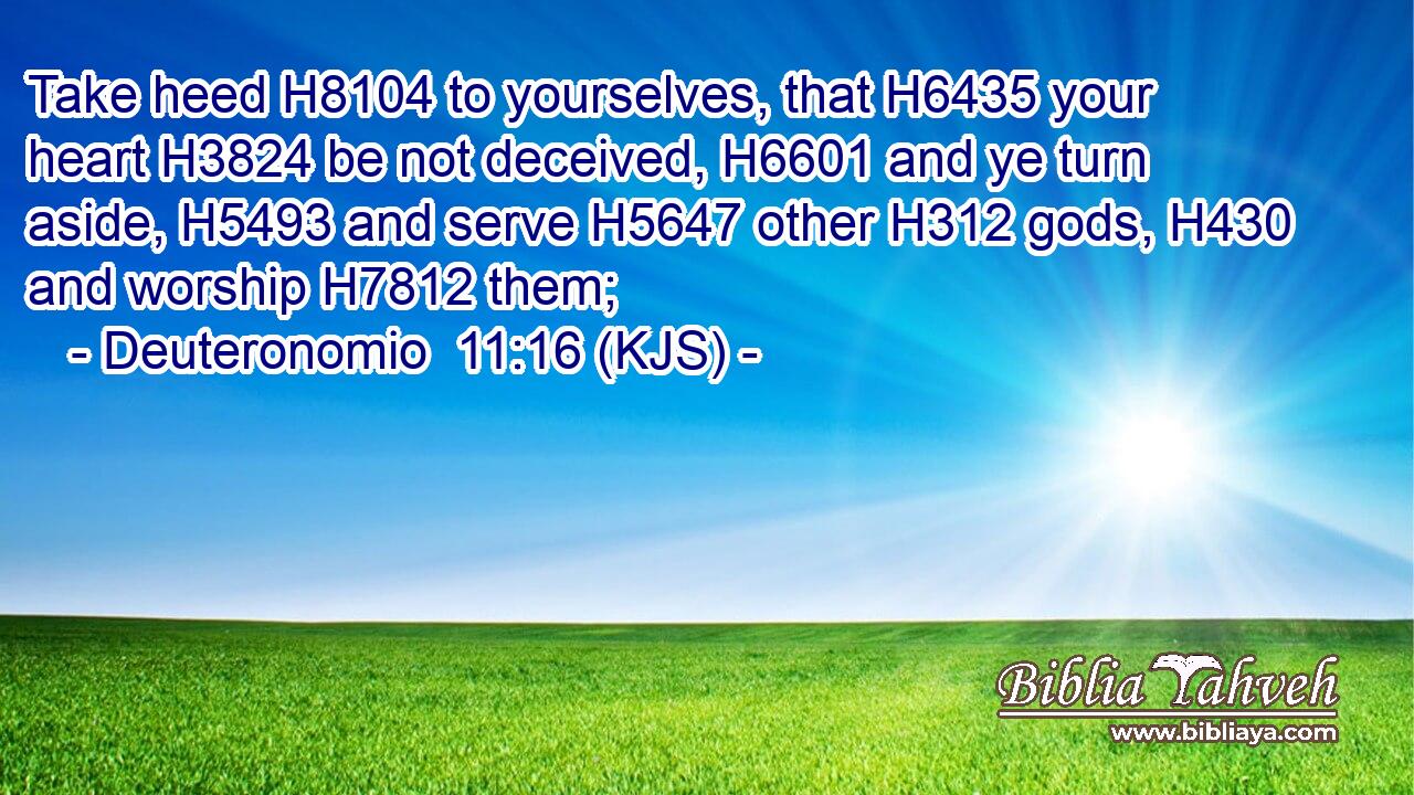 Take heed H8104 to yourselves, that H6435 your heart H3824 be not deceived, H6601 and ye turn aside, H5493 and serve H5647 other H312 gods, H430 and worship H7812 them;