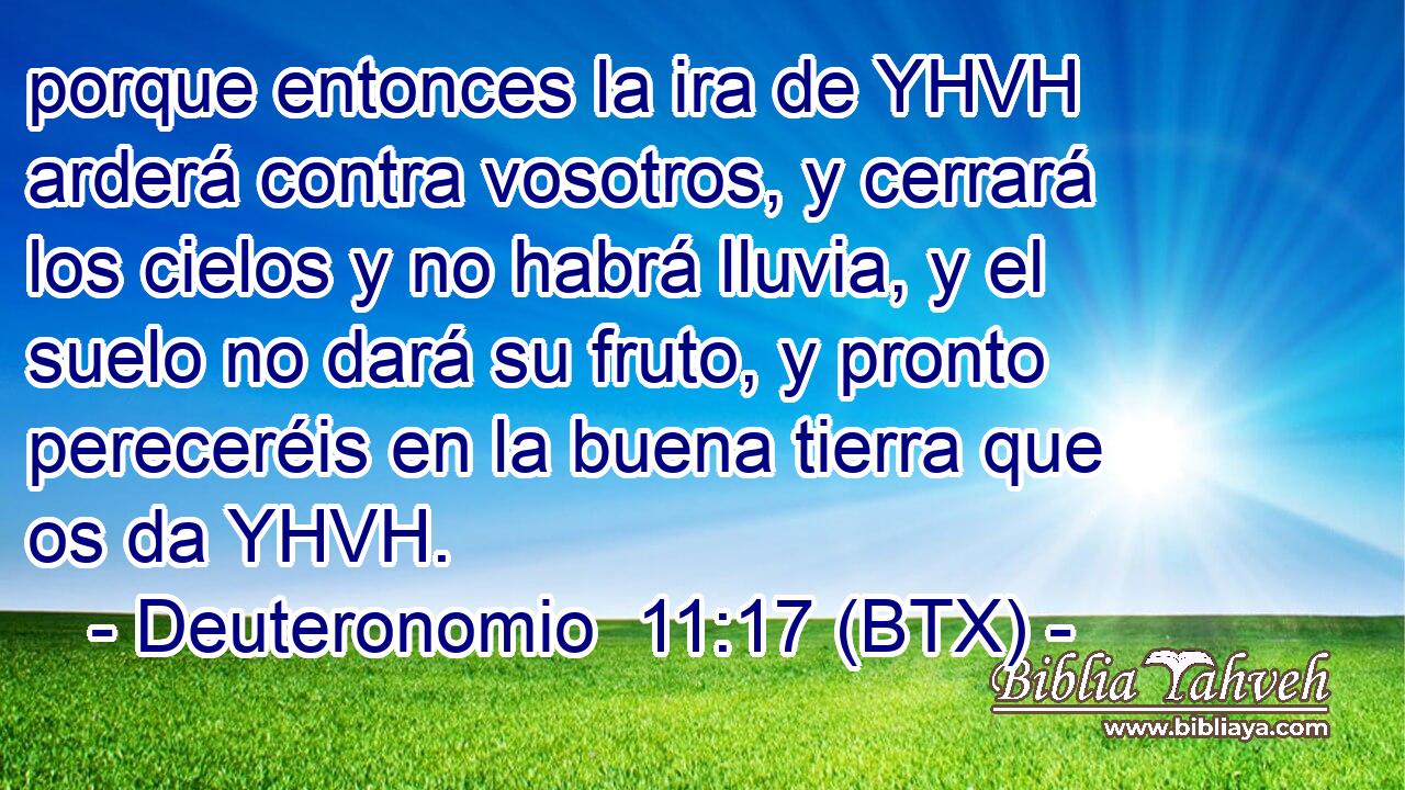 porque entonces la ira de YHVH arderá contra vosotros, y cerrará los cielos y no habrá lluvia, y el suelo no dará su fruto, y pronto pereceréis en la buena tierra que os da YHVH.