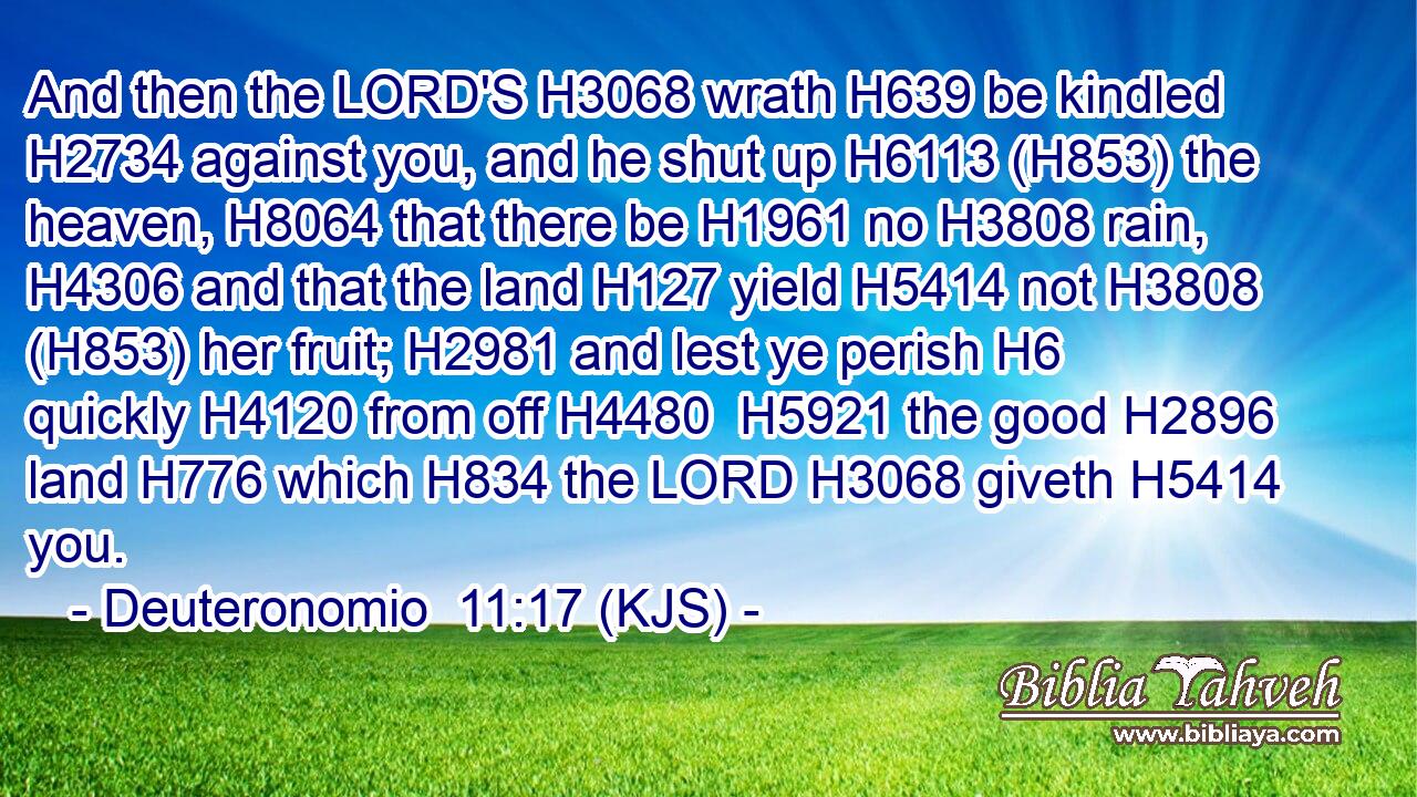 And then the LORD'S H3068 wrath H639 be kindled H2734 against you, and he shut up H6113 (H853) the heaven, H8064 that there be H1961 no H3808 rain, H4306 and that the land H127 yield H5414 not H3808 (H853) her fruit; H2981 and lest ye perish H6 quickly H4120 from off H4480  H5921 the good H2896 land H776 which H834 the LORD H3068 giveth H5414 you.