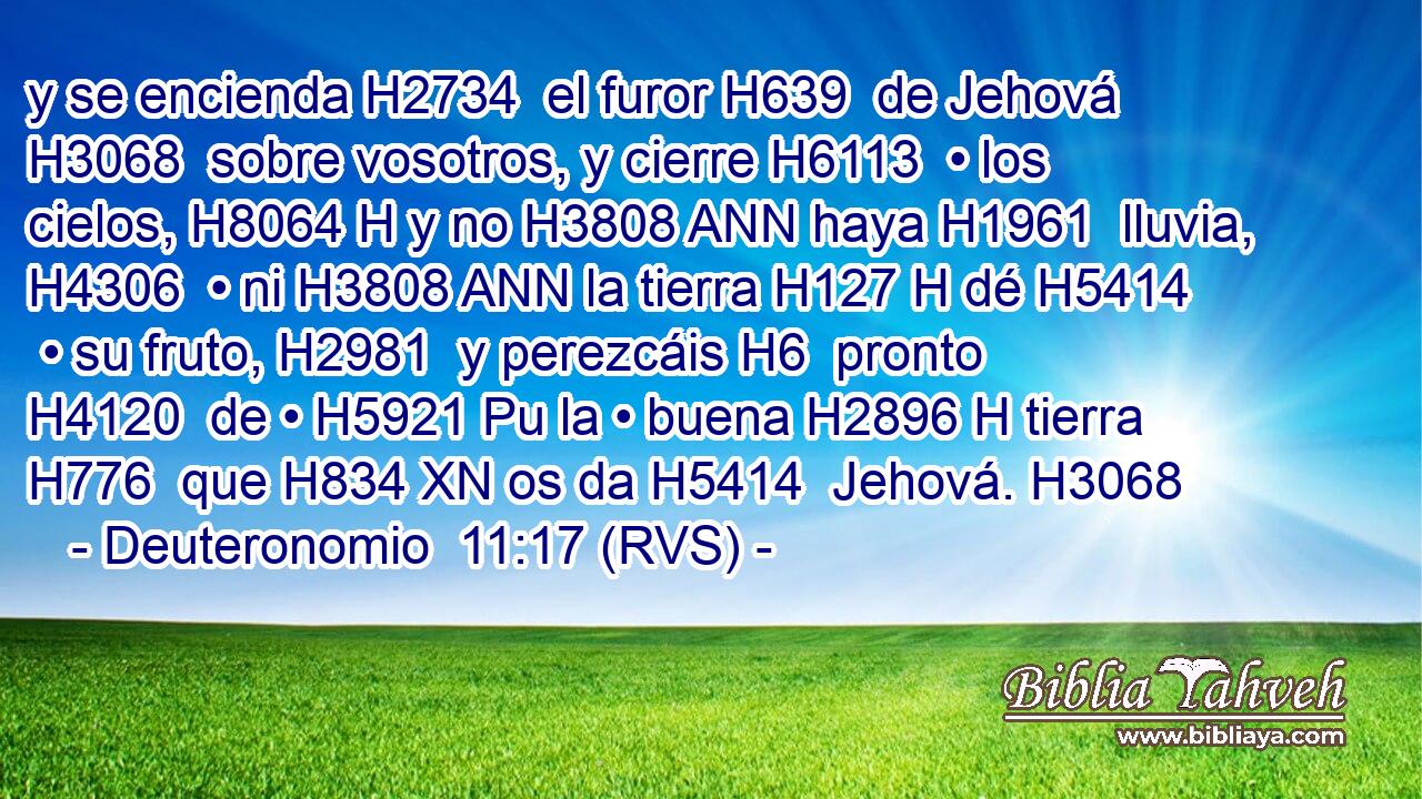 y se encienda H2734  el furor H639  de Jehová H3068  sobre vosotros, y cierre H6113  • los cielos, H8064 H y no H3808 ANN haya H1961  lluvia, H4306  • ni H3808 ANN la tierra H127 H dé H5414  • su fruto, H2981  y perezcáis H6  pronto H4120  de • H5921 Pu la • buena H2896 H tierra H776  que H834 XN os da H5414  Jehová. H3068  