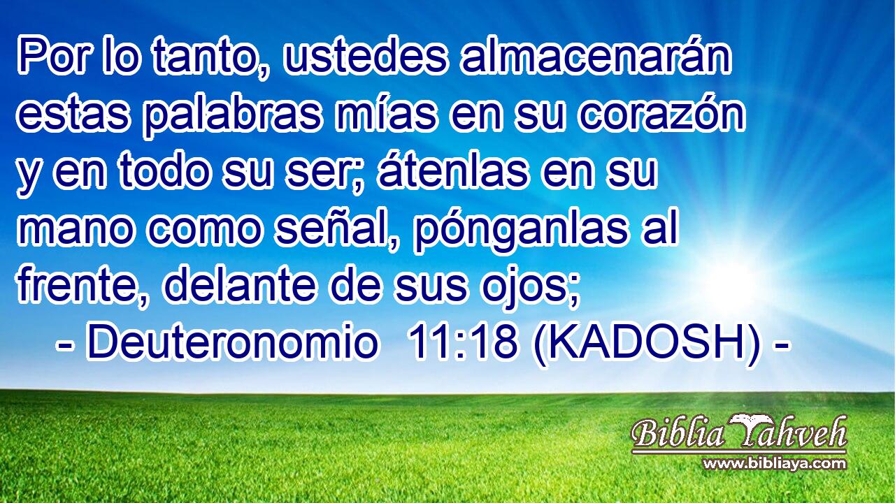  Por lo tanto, ustedes almacenarán estas palabras mías en su corazón y en todo su ser; átenlas en su mano como señal, pónganlas al frente, delante de sus ojos; 
