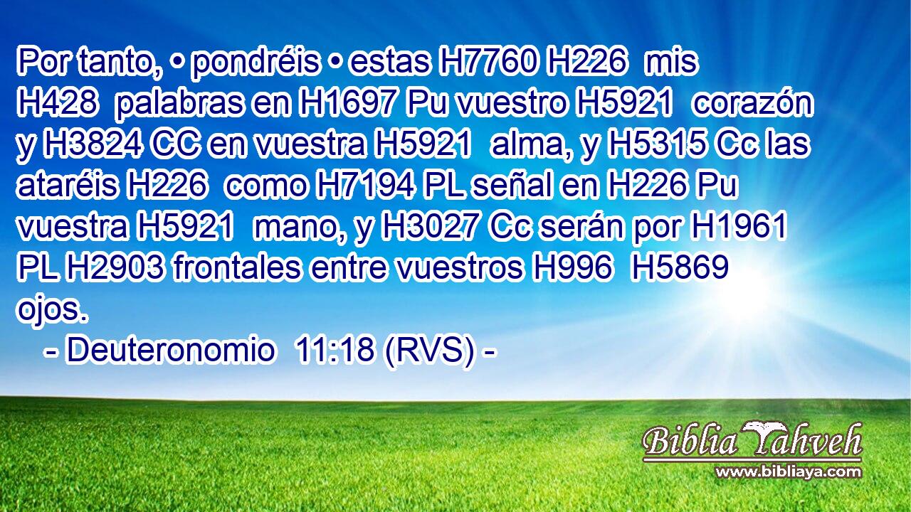 Por tanto, • pondréis • estas H7760 H226  mis H428  palabras en H1697 Pu vuestro H5921  corazón y H3824 CC en vuestra H5921  alma, y H5315 Cc las ataréis H226  como H7194 PL señal en H226 Pu vuestra H5921  mano, y H3027 Cc serán por H1961 PL H2903 frontales entre vuestros H996  H5869 ojos. 