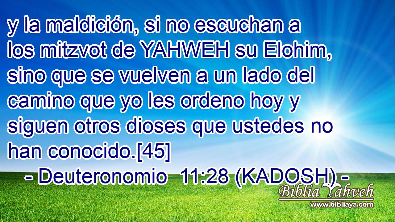  y la maldición, si no escuchan a los mitzvot de YAHWEH su Elohim, sino que se vuelven a un lado del camino que yo les ordeno hoy y siguen otros dioses que ustedes no han conocido.[45] 