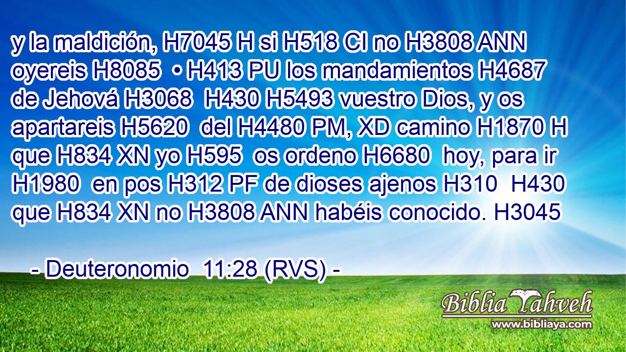 y la maldición, H7045 H si H518 CI no H3808 ANN oyereis H8085  • H413 PU los mandamientos H4687  de Jehová H3068  H430 H5493 vuestro Dios, y os apartareis H5620  del H4480 PM, XD camino H1870 H que H834 XN yo H595  os ordeno H6680  hoy, para ir H1980  en pos H312 PF de dioses ajenos H310  H430 que H834 XN no H3808 ANN habéis conocido. H3045  