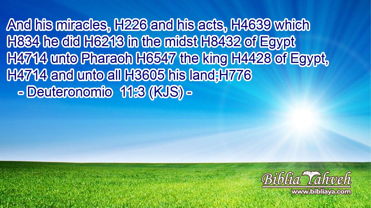 And his miracles, H226 and his acts, H4639 which H834 he did H6213 in the midst H8432 of Egypt H4714 unto Pharaoh H6547 the king H4428 of Egypt, H4714 and unto all H3605 his land;H776