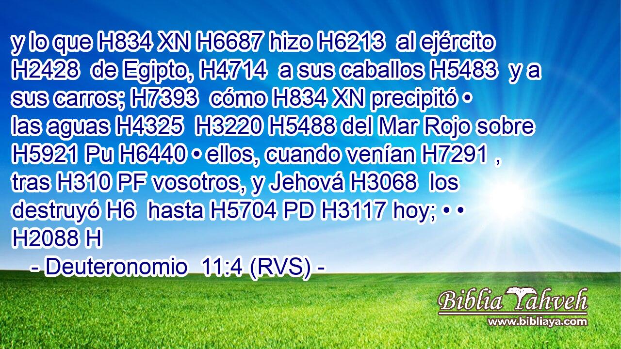 y lo que H834 XN H6687 hizo H6213  al ejército H2428  de Egipto, H4714  a sus caballos H5483  y a sus carros; H7393  cómo H834 XN precipitó • las aguas H4325  H3220 H5488 del Mar Rojo sobre H5921 Pu H6440 • ellos, cuando venían H7291 ,  tras H310 PF vosotros, y Jehová H3068  los destruyó H6  hasta H5704 PD H3117 hoy; • • H2088 H 