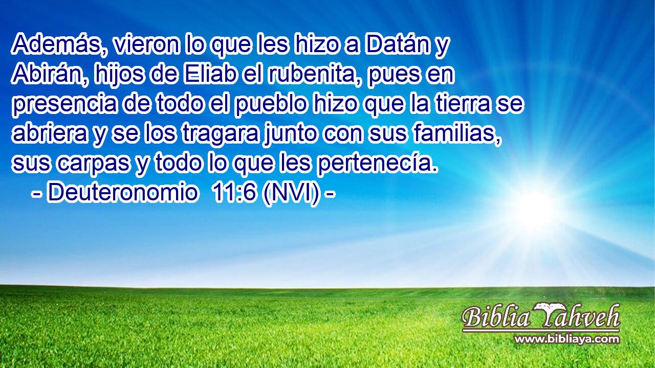  Además, vieron lo que les hizo a Datán y Abirán, hijos de Eliab el rubenita, pues en presencia de todo el pueblo hizo que la tierra se abriera y se los tragara junto con sus familias, sus carpas y todo lo que les pertenecía. 