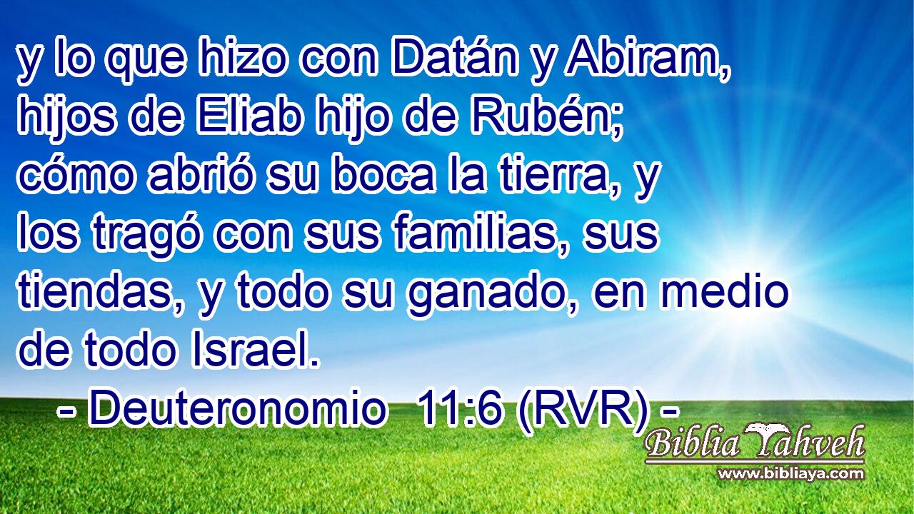 y lo que hizo con Datán y Abiram, hijos de Eliab hijo de Rubén; cómo abrió su boca la tierra, y los tragó con sus familias, sus tiendas, y todo su ganado, en medio de todo Israel.