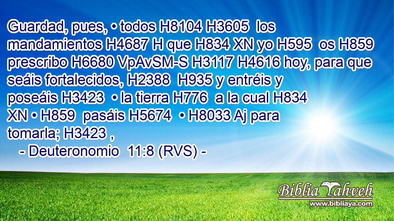 Guardad, pues, • todos H8104 H3605  los mandamientos H4687 H que H834 XN yo H595  os H859  prescribo H6680 VpAvSM-S H3117 H4616 hoy, para que seáis fortalecidos, H2388  H935 y entréis y poseáis H3423  • la tierra H776  a la cual H834 XN • H859  pasáis H5674  • H8033 Aj para tomarla; H3423 ,  