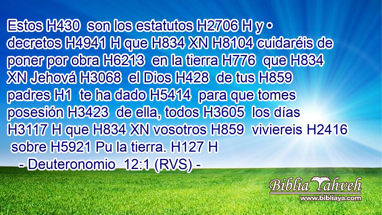 Estos H430  son los estatutos H2706 H y • decretos H4941 H que H834 XN H8104 cuidaréis de poner por obra H6213  en la tierra H776  que H834 XN Jehová H3068  el Dios H428  de tus H859  padres H1  te ha dado H5414  para que tomes posesión H3423  de ella, todos H3605  los días H3117 H que H834 XN vosotros H859  viviereis H2416  sobre H5921 Pu la tierra. H127 H 