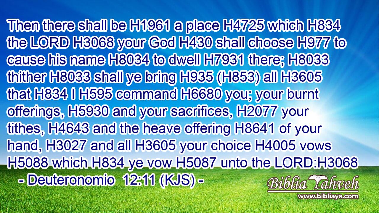 Then there shall be H1961 a place H4725 which H834 the LORD H3068 your God H430 shall choose H977 to cause his name H8034 to dwell H7931 there; H8033 thither H8033 shall ye bring H935 (H853) all H3605 that H834 I H595 command H6680 you; your burnt offerings, H5930 and your sacrifices, H2077 your tithes, H4643 and the heave offering H8641 of your hand, H3027 and all H3605 your choice H4005 vows H5088 which H834 ye vow H5087 unto the LORD:H3068