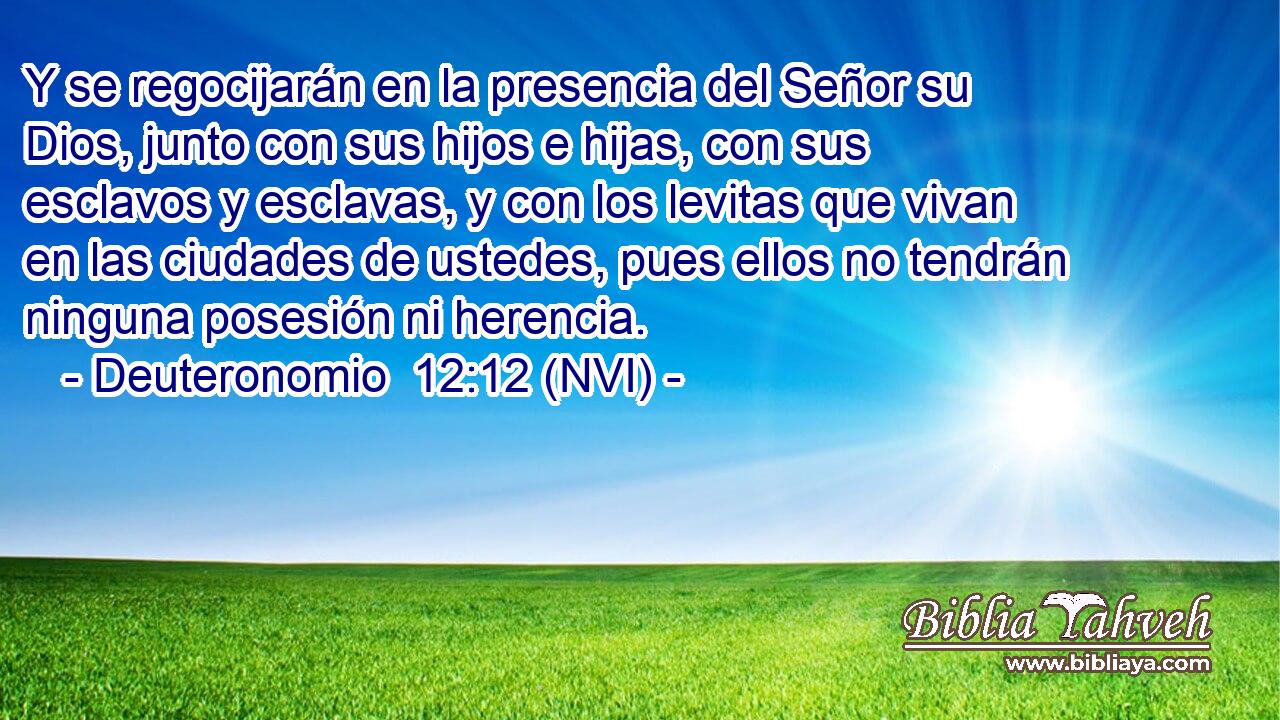 Y se regocijarán en la presencia del Señor su Dios, junto con sus hijos e hijas, con sus esclavos y esclavas, y con los levitas que vivan en las ciudades de ustedes, pues ellos no tendrán ninguna posesión ni herencia. 