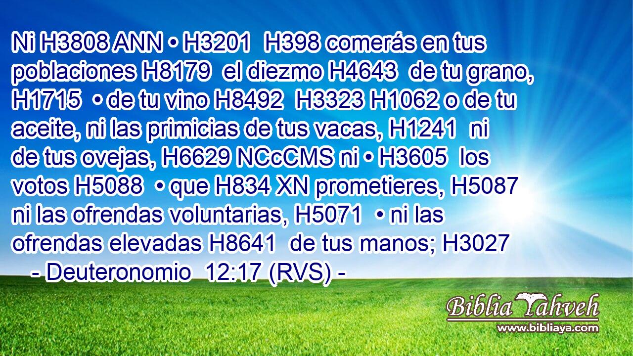 Ni H3808 ANN • H3201  H398 comerás en tus poblaciones H8179  el diezmo H4643  de tu grano, H1715  • de tu vino H8492  H3323 H1062 o de tu aceite, ni las primicias de tus vacas, H1241  ni de tus ovejas, H6629 NCcCMS ni • H3605  los votos H5088  • que H834 XN prometieres, H5087  ni las ofrendas voluntarias, H5071  • ni las ofrendas elevadas H8641  de tus manos; H3027  