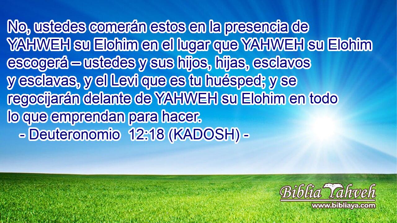  No, ustedes comerán estos en la presencia de YAHWEH su Elohim en el lugar que YAHWEH su Elohim escogerá – ustedes y sus hijos, hijas, esclavos y esclavas, y el Levi que es tu huésped; y se regocijarán delante de YAHWEH su Elohim en todo lo que emprendan para hacer. 