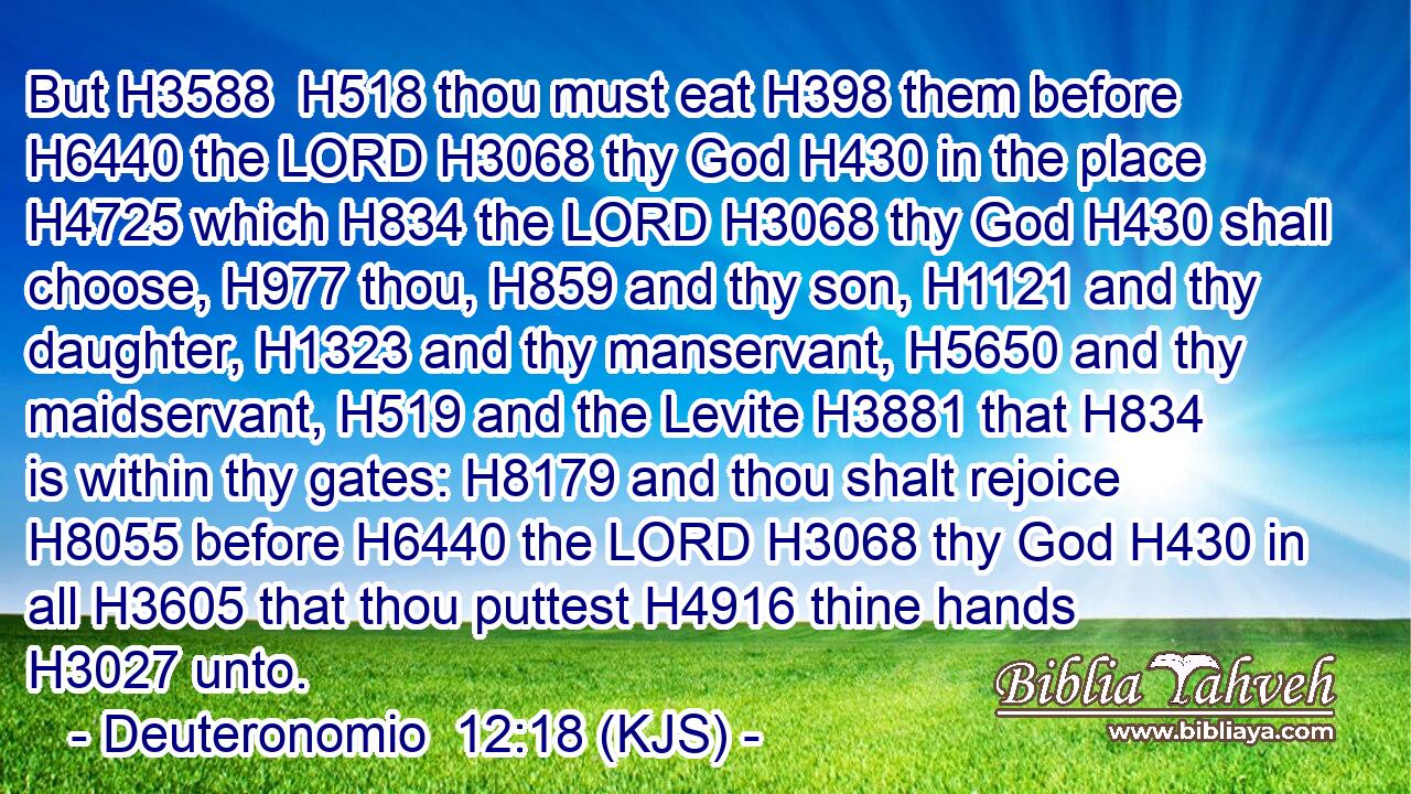 But H3588  H518 thou must eat H398 them before H6440 the LORD H3068 thy God H430 in the place H4725 which H834 the LORD H3068 thy God H430 shall choose, H977 thou, H859 and thy son, H1121 and thy daughter, H1323 and thy manservant, H5650 and thy maidservant, H519 and the Levite H3881 that H834 is within thy gates: H8179 and thou shalt rejoice H8055 before H6440 the LORD H3068 thy God H430 in all H3605 that thou puttest H4916 thine hands H3027 unto.