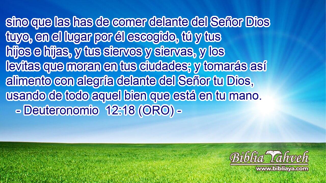  sino que las has de comer delante del Señor Dios tuyo, en el lugar por él escogido, tú y tus hijos e hijas, y tus siervos y siervas, y los levitas que moran en tus ciudades; y tomarás así alimento con alegría delante del Señor tu Dios, usando de todo aquel bien que está en tu mano. 