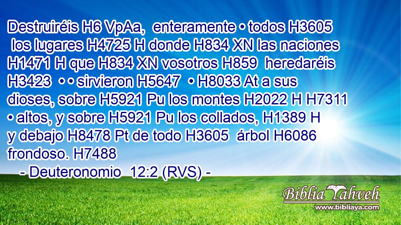 Destruiréis H6 VpAa,  enteramente • todos H3605  los lugares H4725 H donde H834 XN las naciones H1471 H que H834 XN vosotros H859  heredaréis H3423  • • sirvieron H5647  • H8033 At a sus dioses, sobre H5921 Pu los montes H2022 H H7311 • altos, y sobre H5921 Pu los collados, H1389 H y debajo H8478 Pt de todo H3605  árbol H6086  frondoso. H7488  